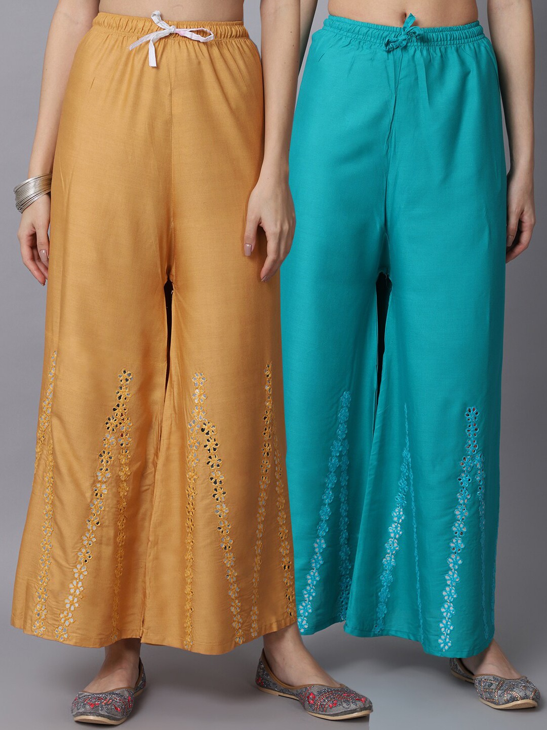 

GRACIT Women Beige & Green Pack of 2 Floral Embroidered Flared Ethnic Palazzos
