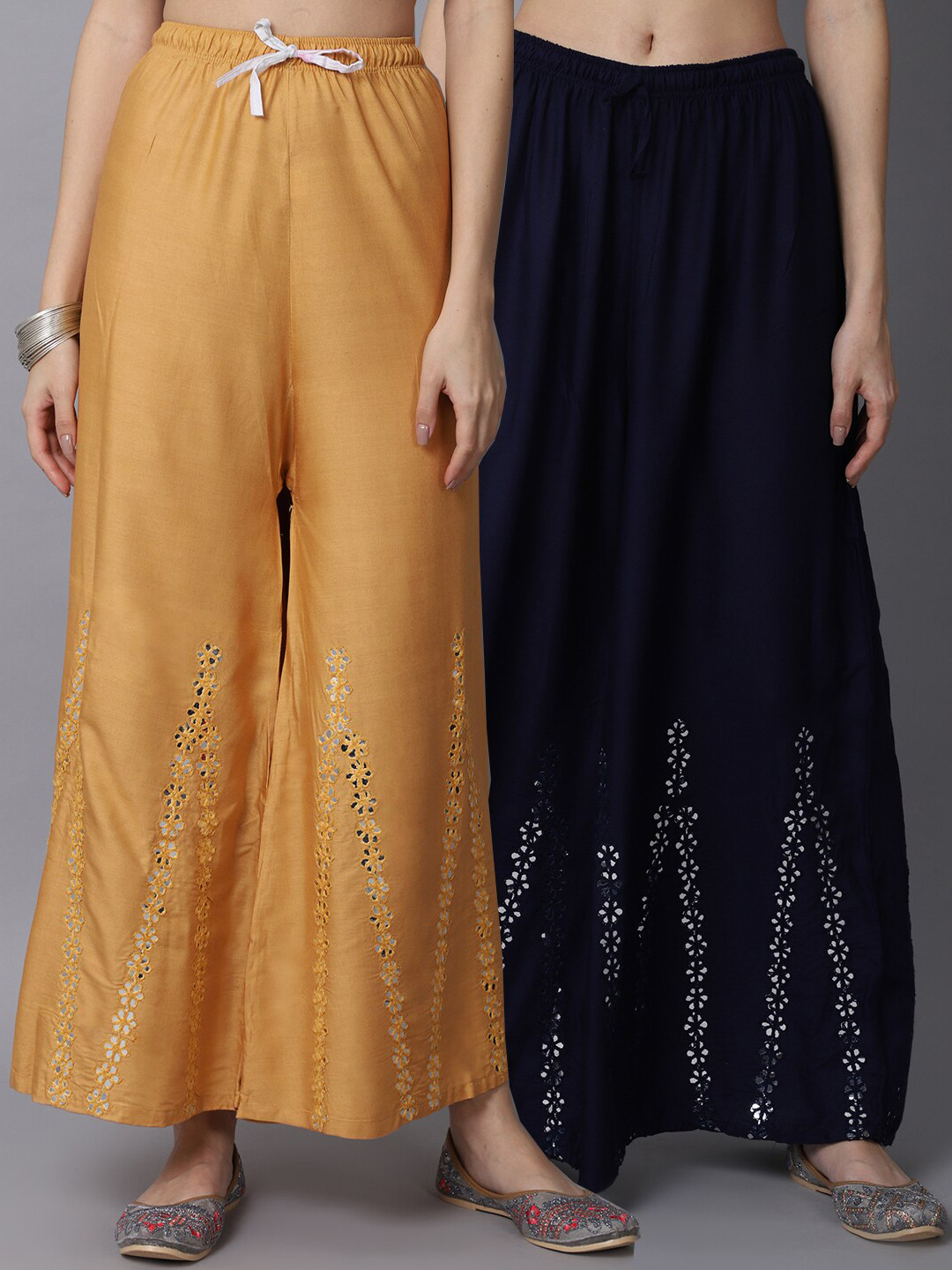 

GRACIT Women Beige & Navy Blue Pack of 2 Floral Embroidered Flared Ethnic Palazzos