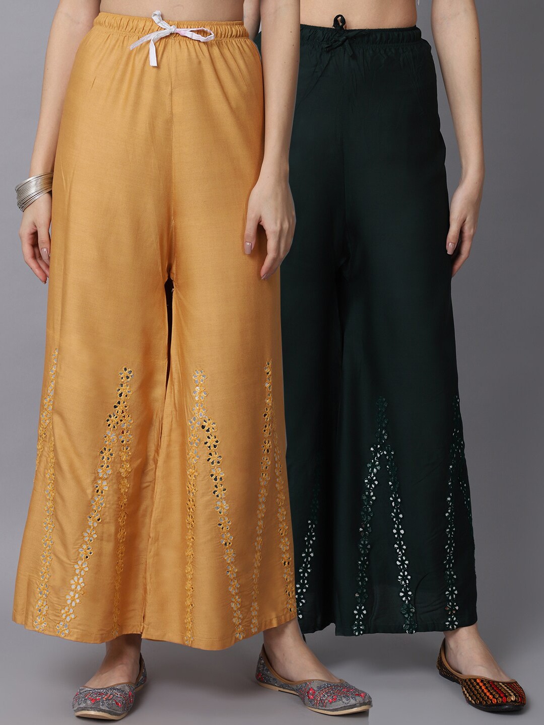 

GRACIT Women Beige & Green Pack of 2 Floral Embroidered Flared Ethnic Palazzos