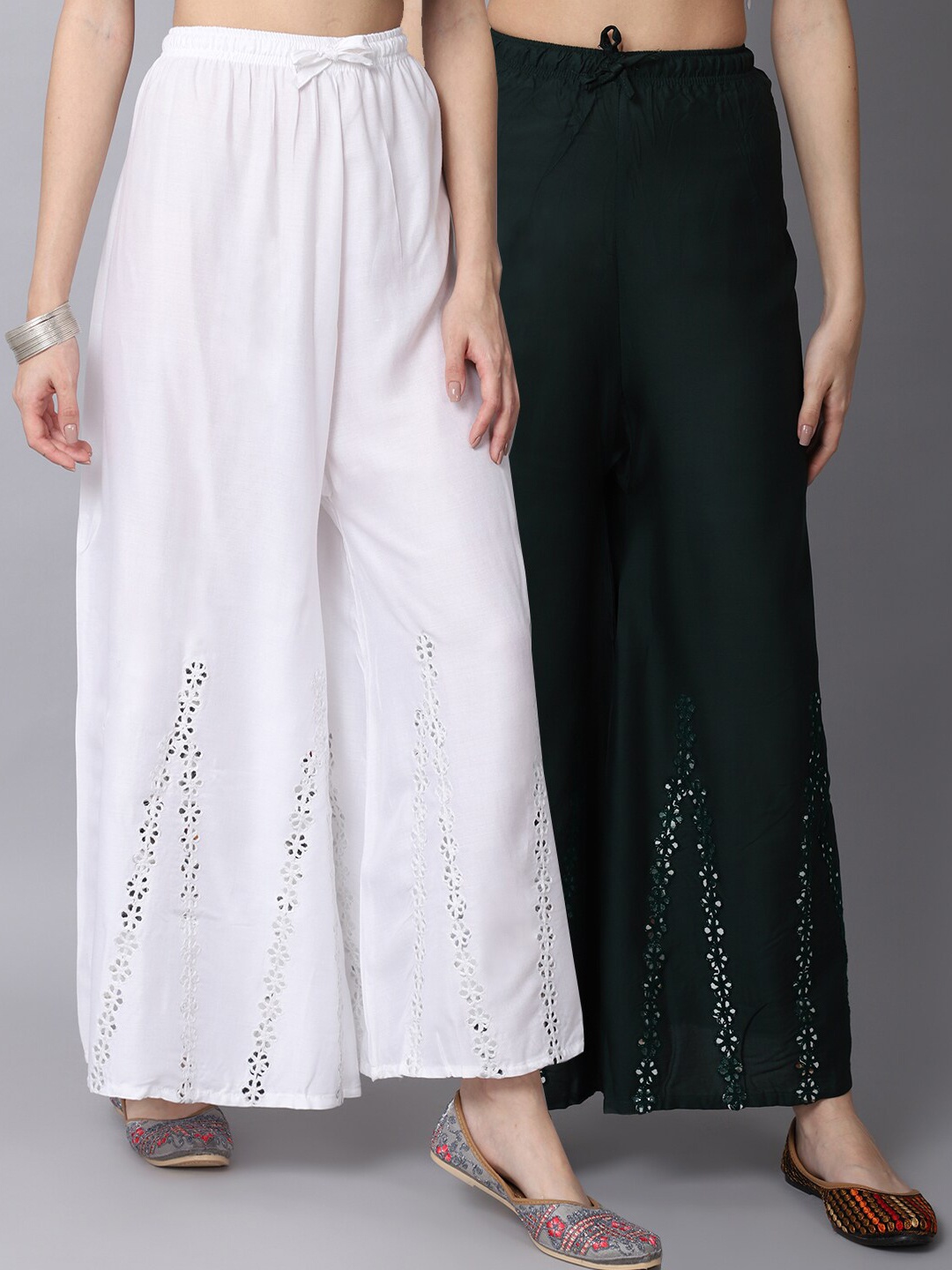 

GRACIT Women White & Green Pack of 2 Floral Embroidered Flared Ethnic Palazzos