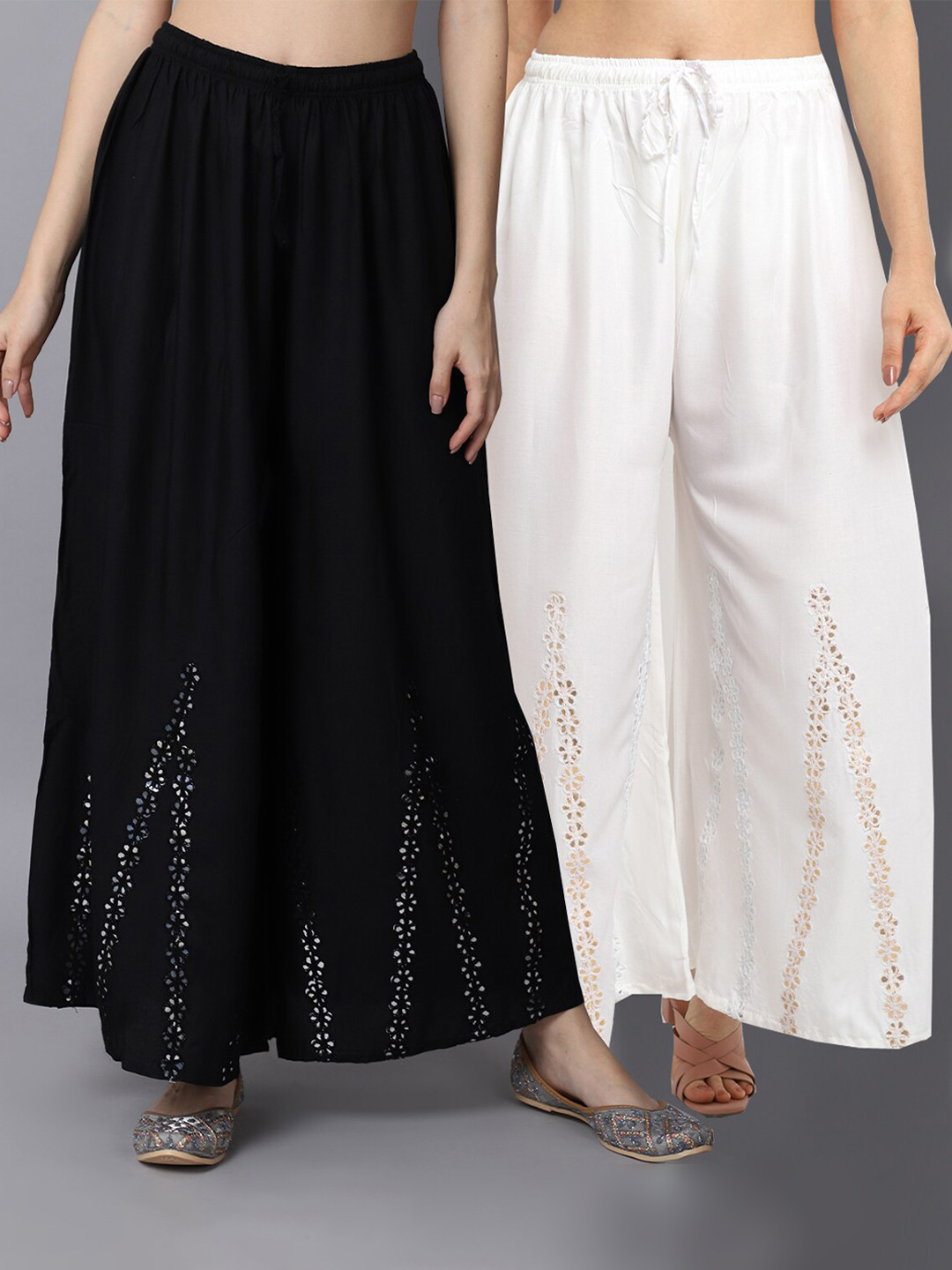 

GRACIT Women Black & Off White Pack of 2 Floral Embroidered Flared Ethnic Palazzos