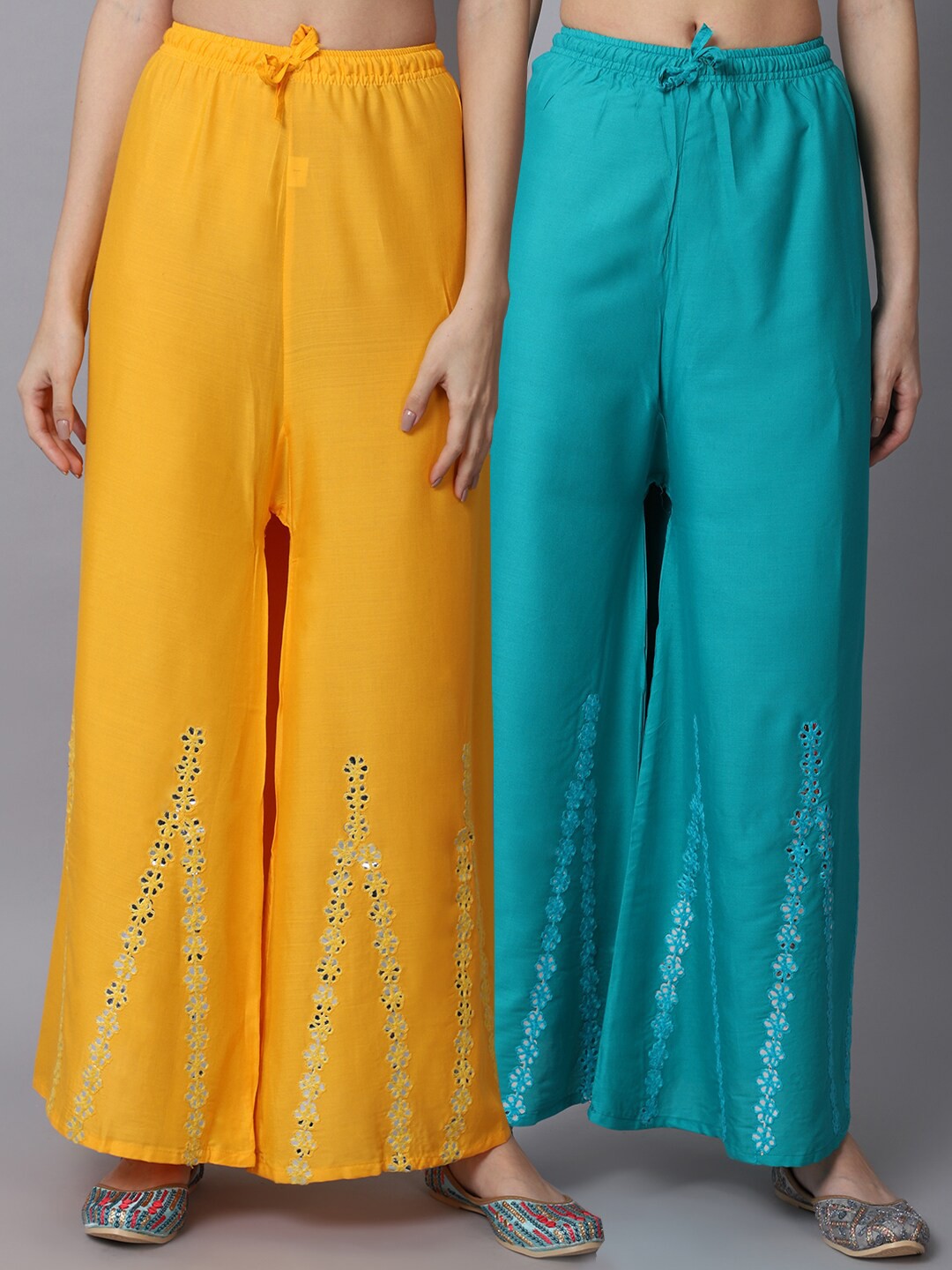

GRACIT Women Yellow & Green Pack of 2 Floral Embroidered Flared Ethnic Palazzos