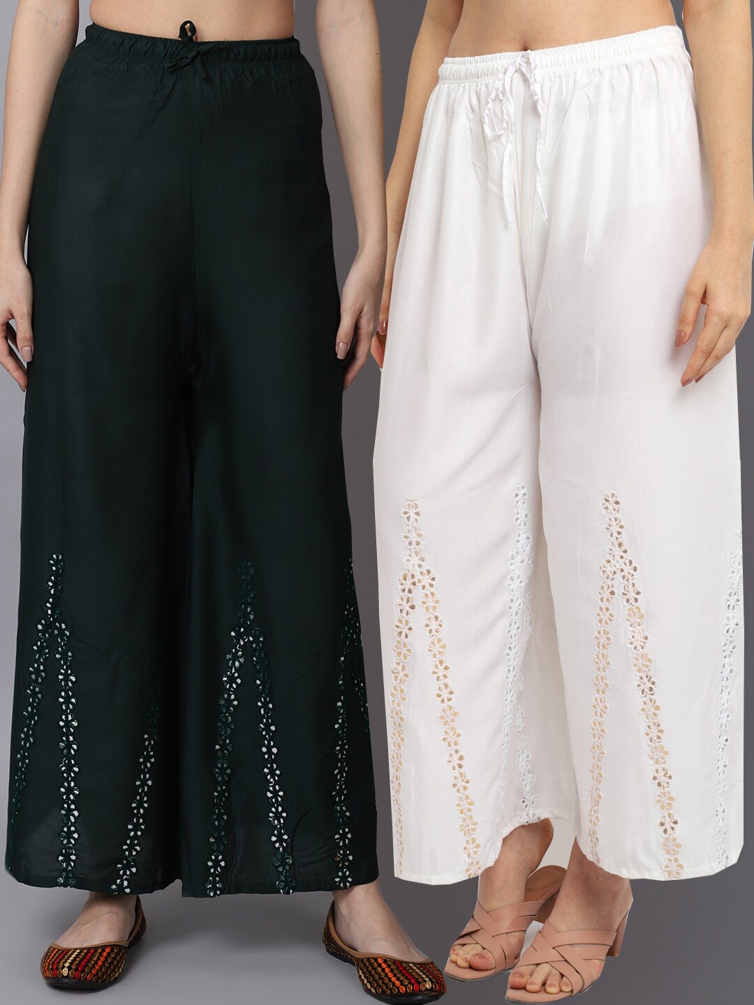 

GRACIT Women Green & Off White Pack of 2 Floral Embroidered Flared Palazzos