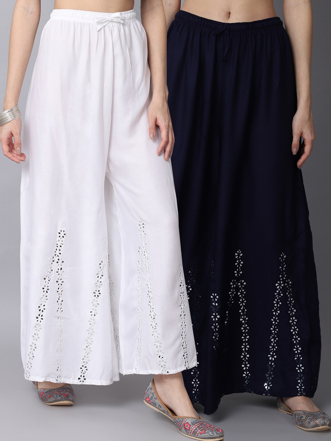 

GRACIT Women White & Navy Blue Pack of 2 Floral Embroidered Flared Ethnic Palazzos