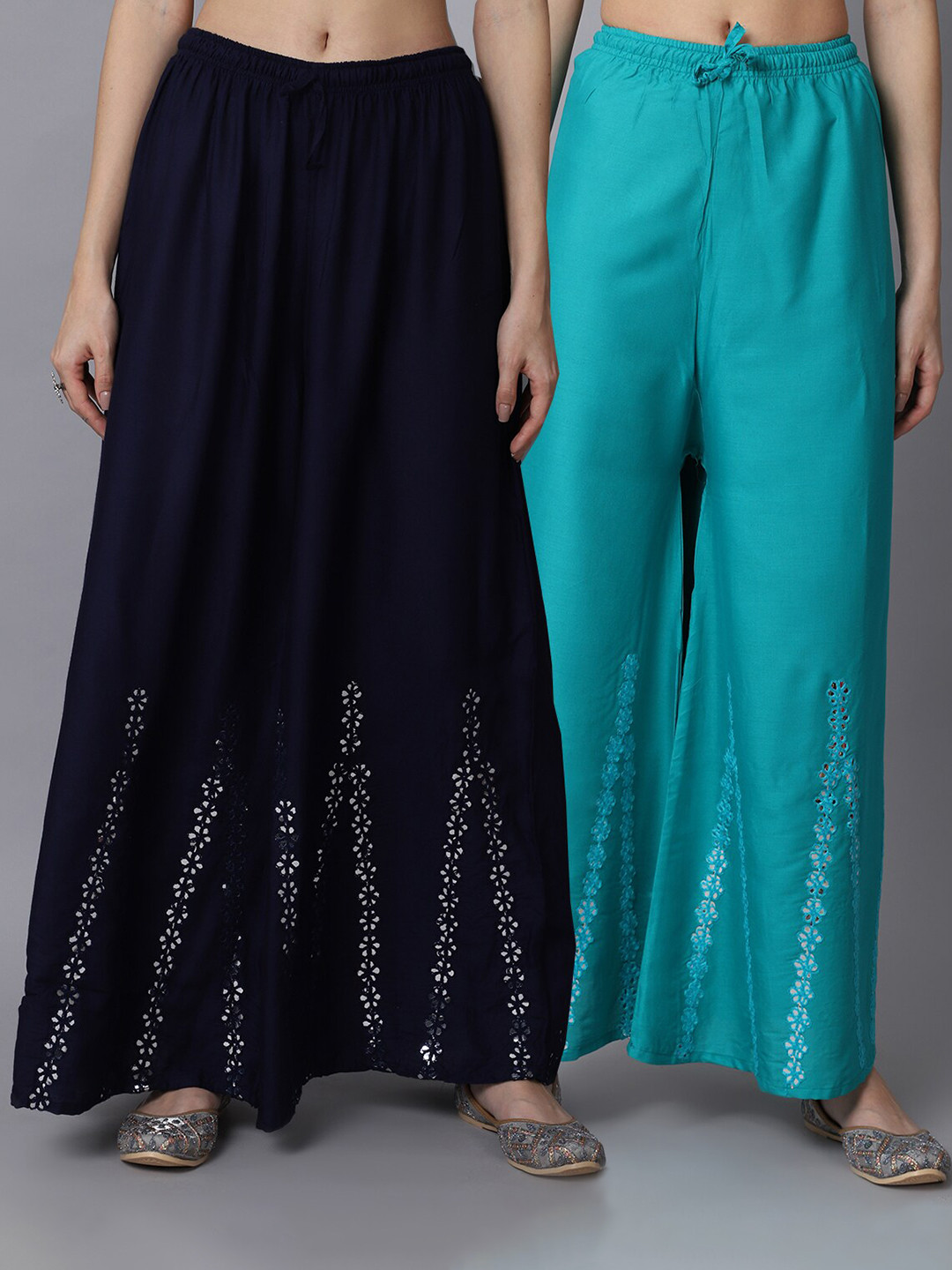 

GRACIT Women Navy Blue & Green Pack of 2 Floral Embroidered Flared Ethnic Palazzos