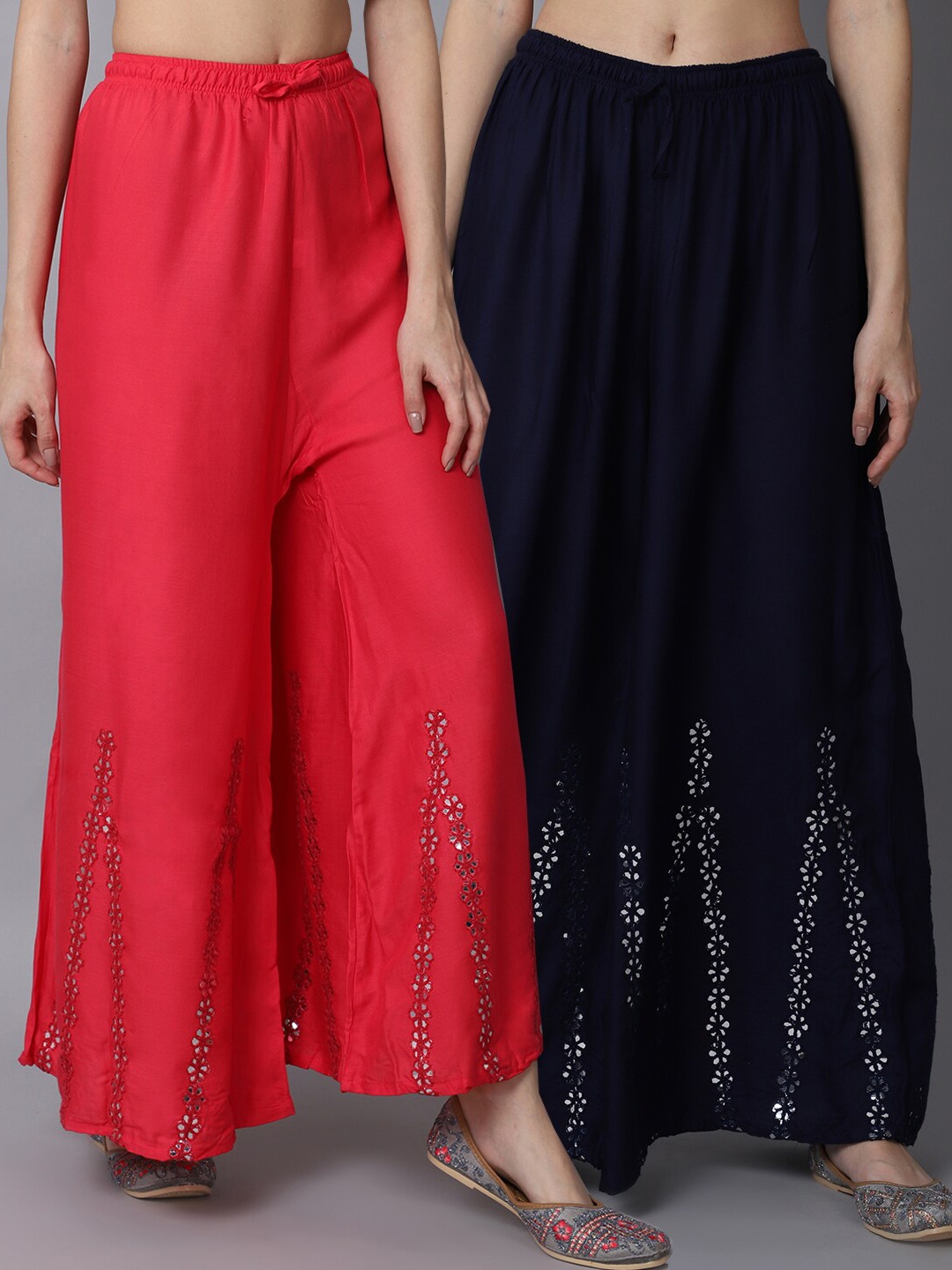 

GRACIT Women Pink & Navy Blue Pack of 2 Floral Embroidered Flared Ethnic Palazzos