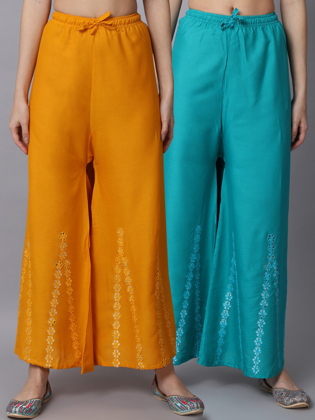 

GRACIT Women Yellow & Turquoise Blue Pack of 2 Floral Embroidered Flared Ethnic Palazzos