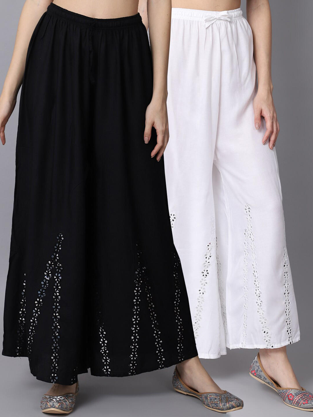 

GRACIT Women Black & White Pack of 2 Floral Embroidered Flared Ethnic Palazzos