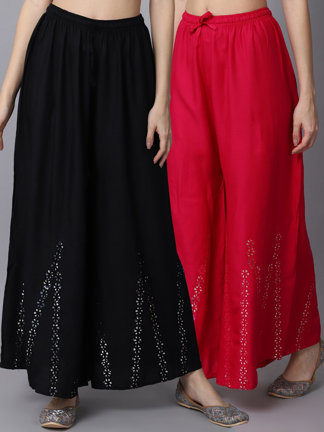 

GRACIT Women Black & Red Pack of 2 Floral Embroidered Flared Ethnic Palazzos