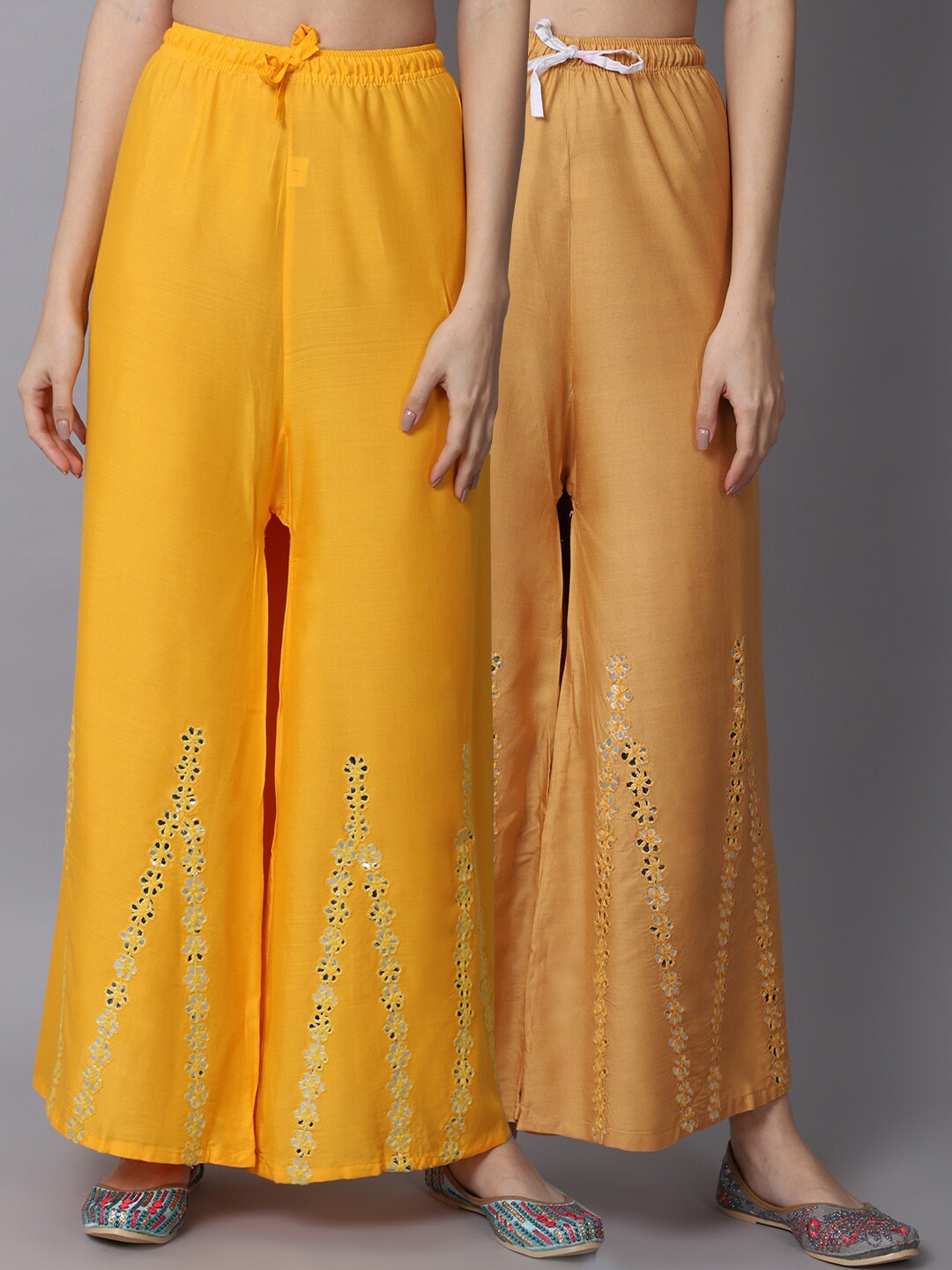 

GRACIT Women Yellow & Beige Pack of 2 Floral Embroidered Flared Ethnic Palazzos