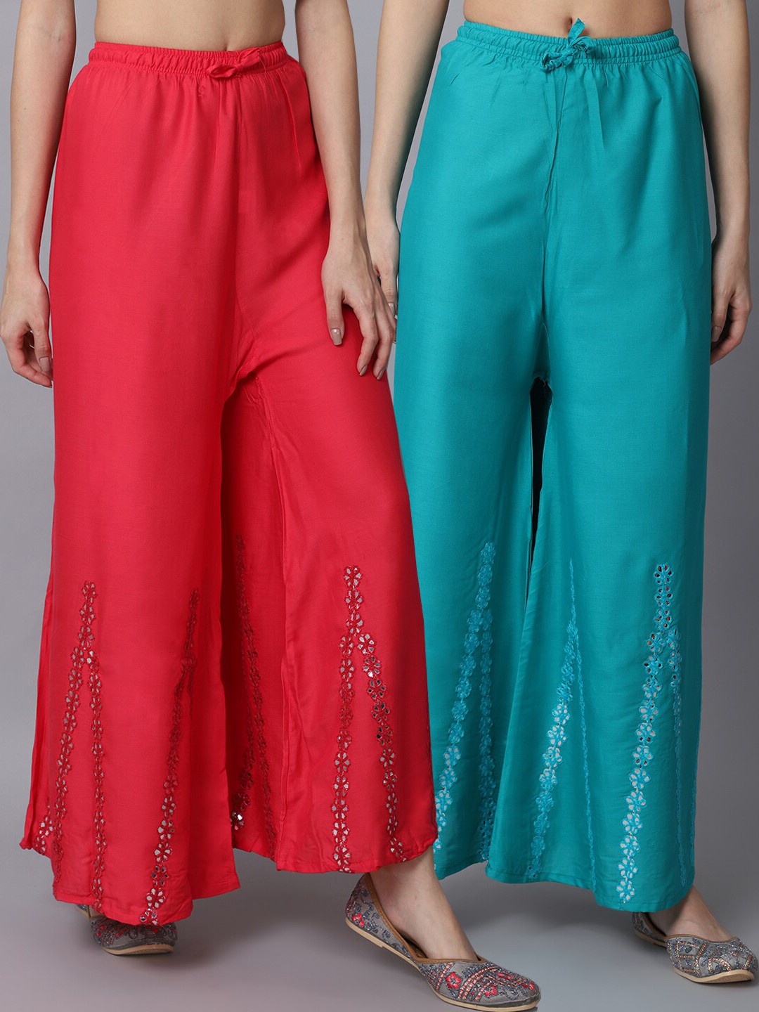

GRACIT Women Pink & Turquoise Blue Pack of 2 Floral Embroidered Flared Ethnic Palazzos