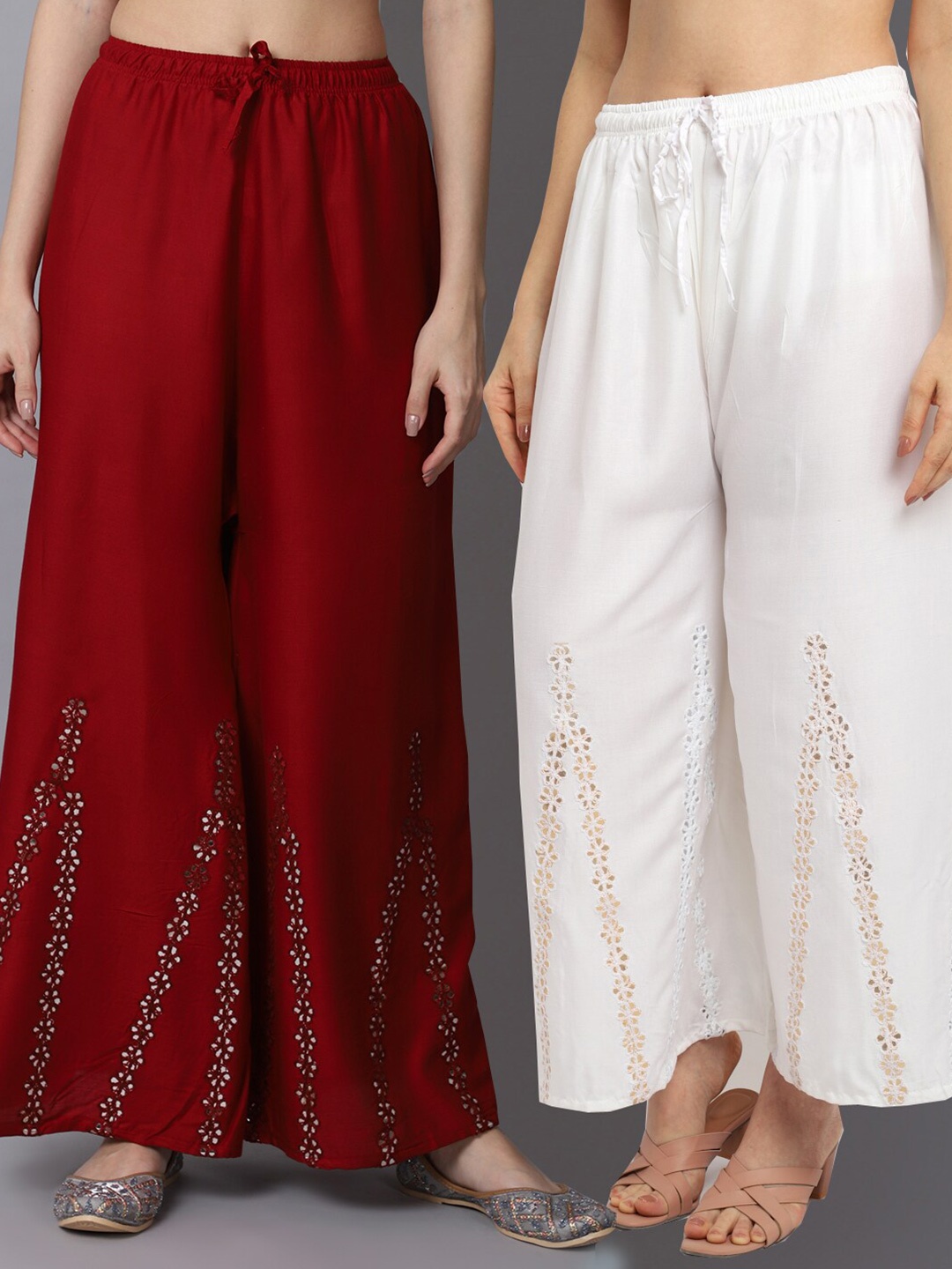 

GRACIT Women Maroon & Off White Pack of 2 Floral Embroidered Flared Ethnic Palazzos