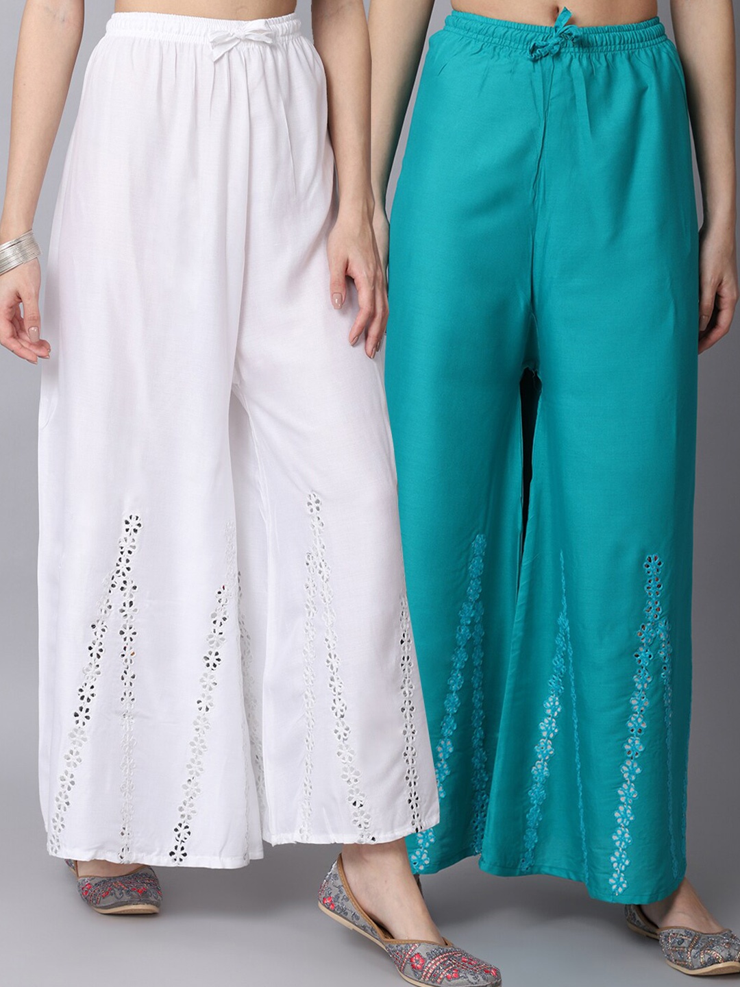 

GRACIT Women White & Turquoise Blue Pack of 2 Floral Embroidered Flared Ethnic Palazzos