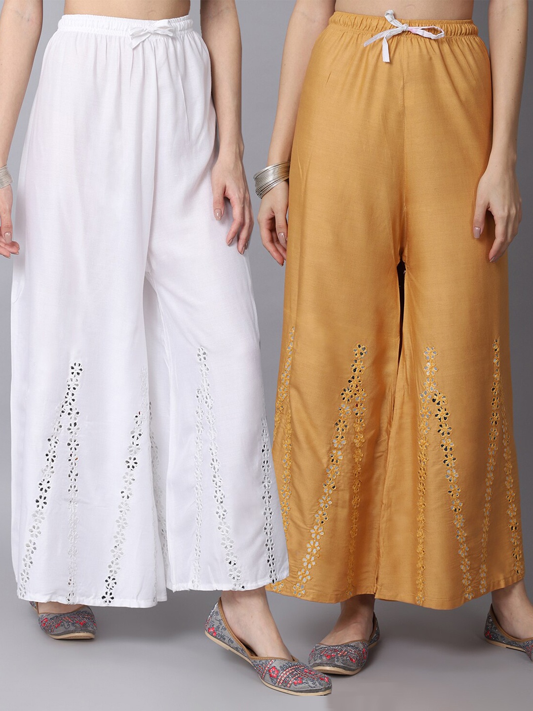 

GRACIT Women White & Nude-Coloured Pack of 2 Floral Embroidered Flared Ethnic Palazzos