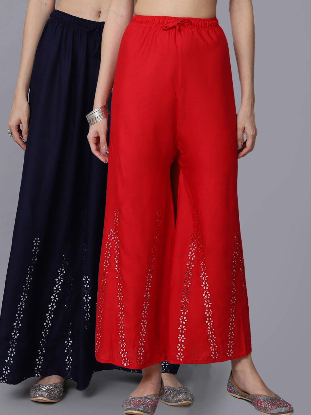 

GRACIT Women Red & Navy Blue Pack of 2 Floral Embroidered Flared Ethnic Palazzos
