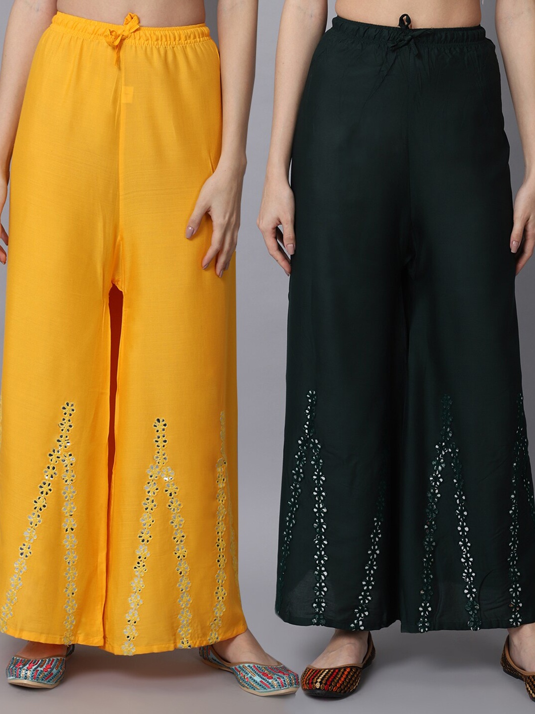 

GRACIT Women Yellow & Green Pack of 2 Floral Embroidered Flared Ethnic Palazzos