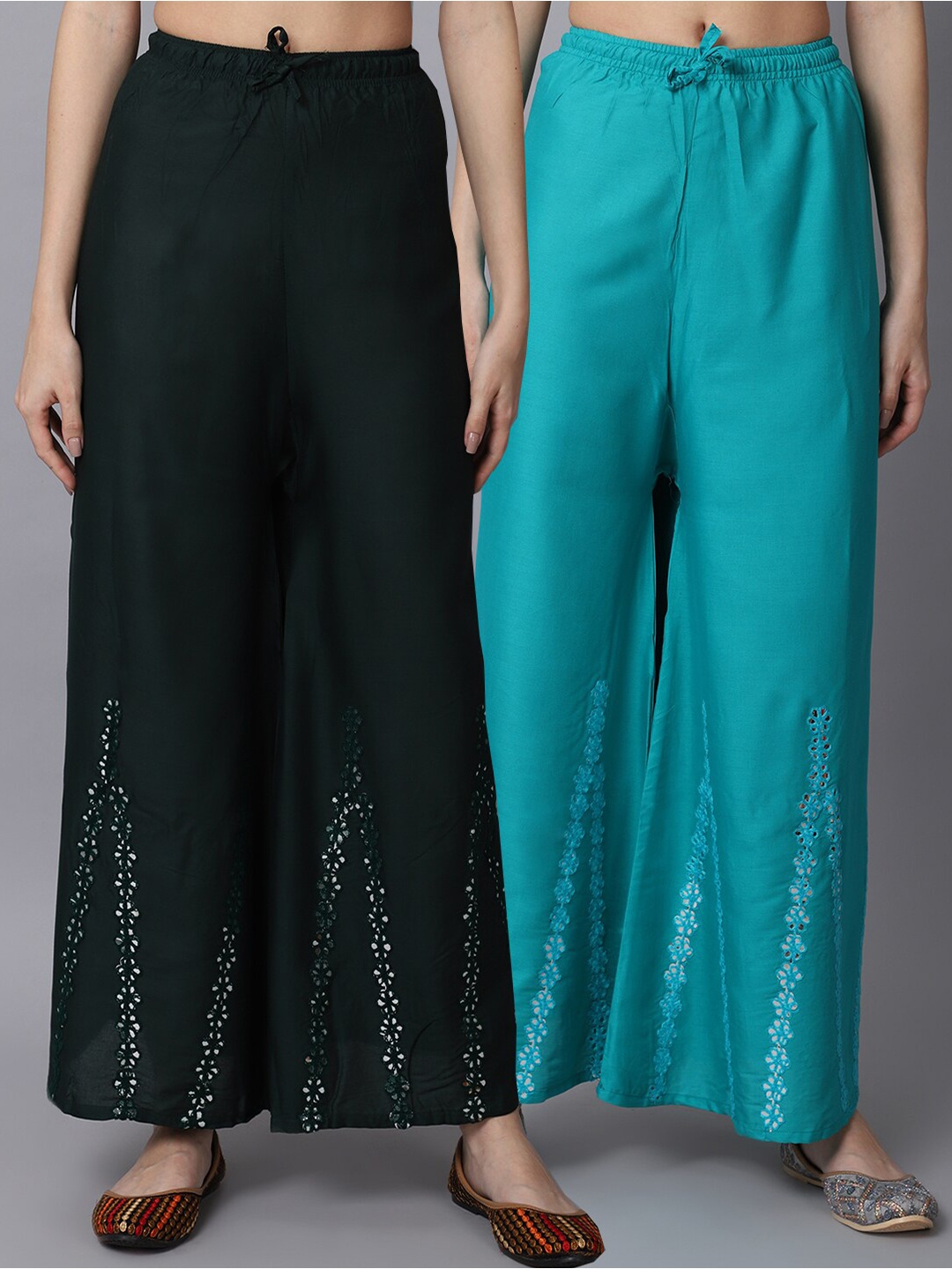 

GRACIT Women Green & Teal Green Pack of 2 Floral Embroidered Flared Ethnic Palazzos