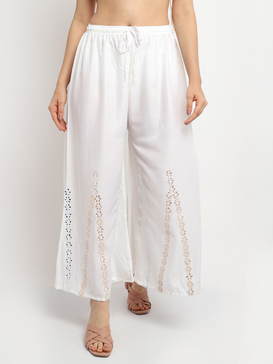 

GRACIT Women White Floral Embroidered Flared Palazzos