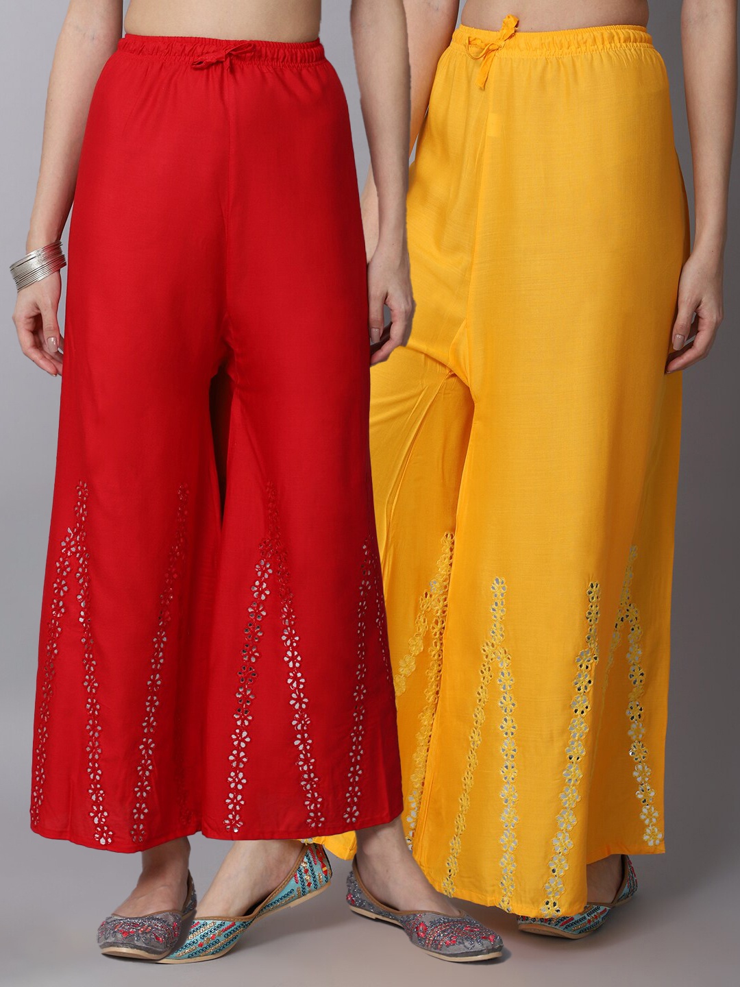 

GRACIT Women Red & Yellow Pack of 2 Floral Embroidered Flared Ethnic Palazzos