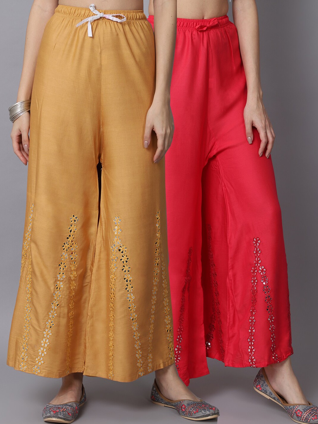 

GRACIT Women Beige & Peach-Coloured Pack of 2 Floral Embroidered Flared Ethnic Palazzos