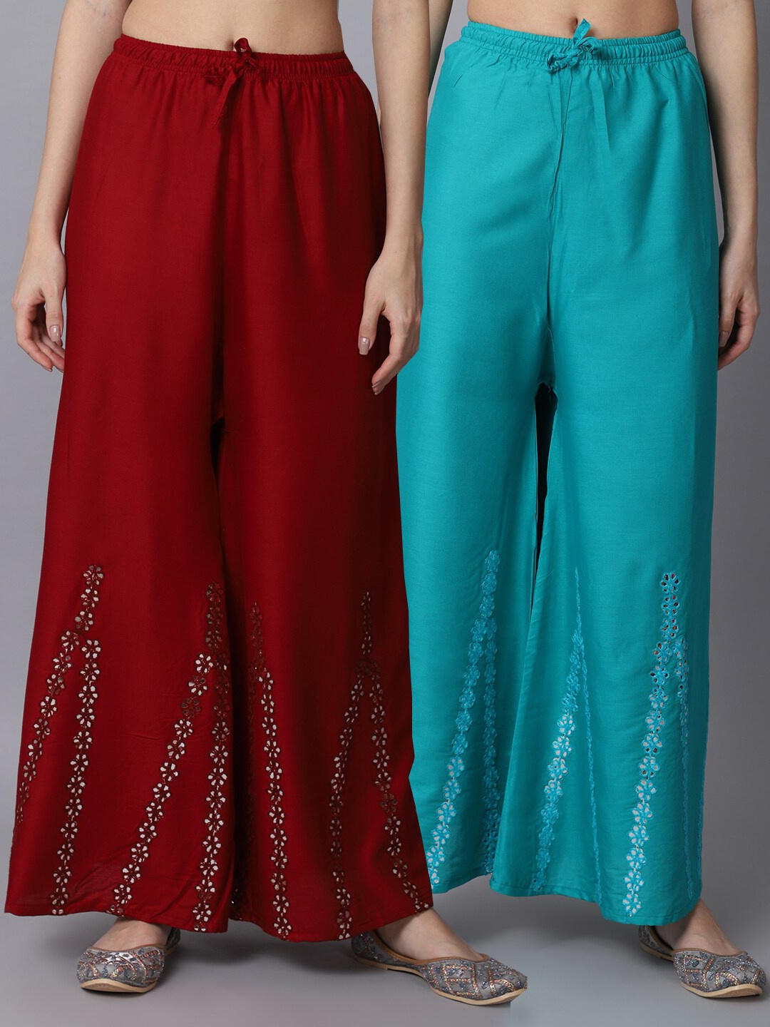 

GRACIT Women Maroon & Green 2 Floral Flared Ethnic Palazzos