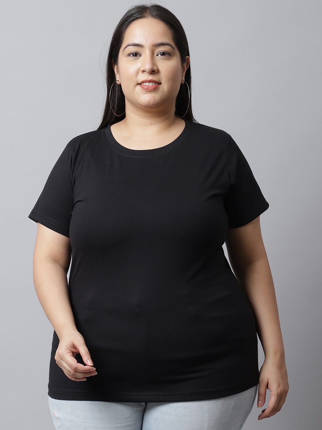 UnaOne Women Pure Cotton Black Slim Fit Pure Cotton T-shirt