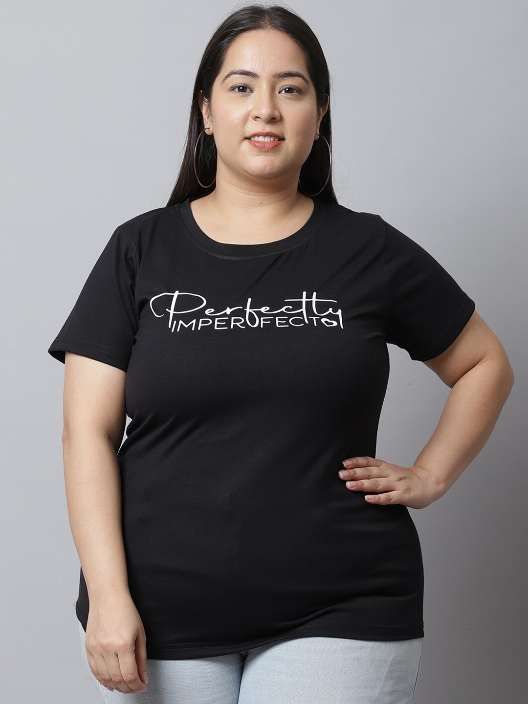 

UnaOne Women Plus Size Black Typography Printed Pure Cotton Slim Fit T-shirt