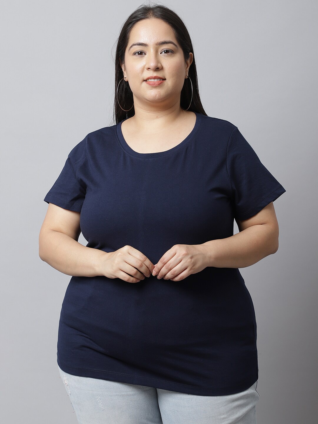 

UnaOne Women Plus Size Navy Blue Slim Fit T-shirt