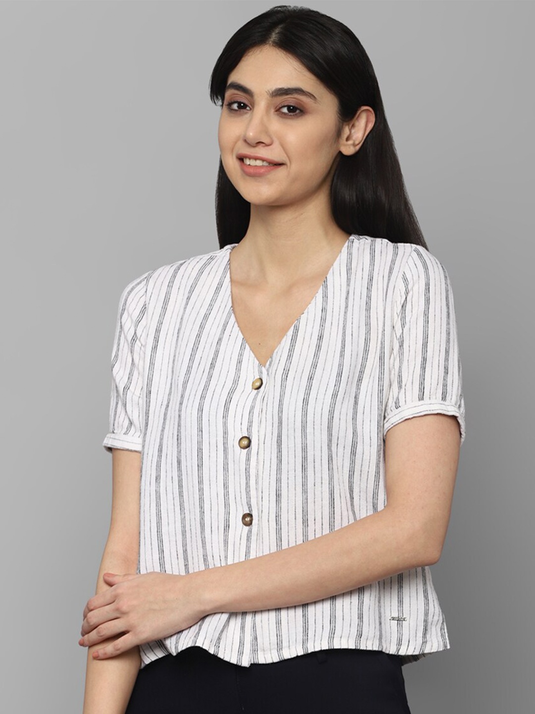 

Allen Solly Woman Women Grey & White Striped Linen Top