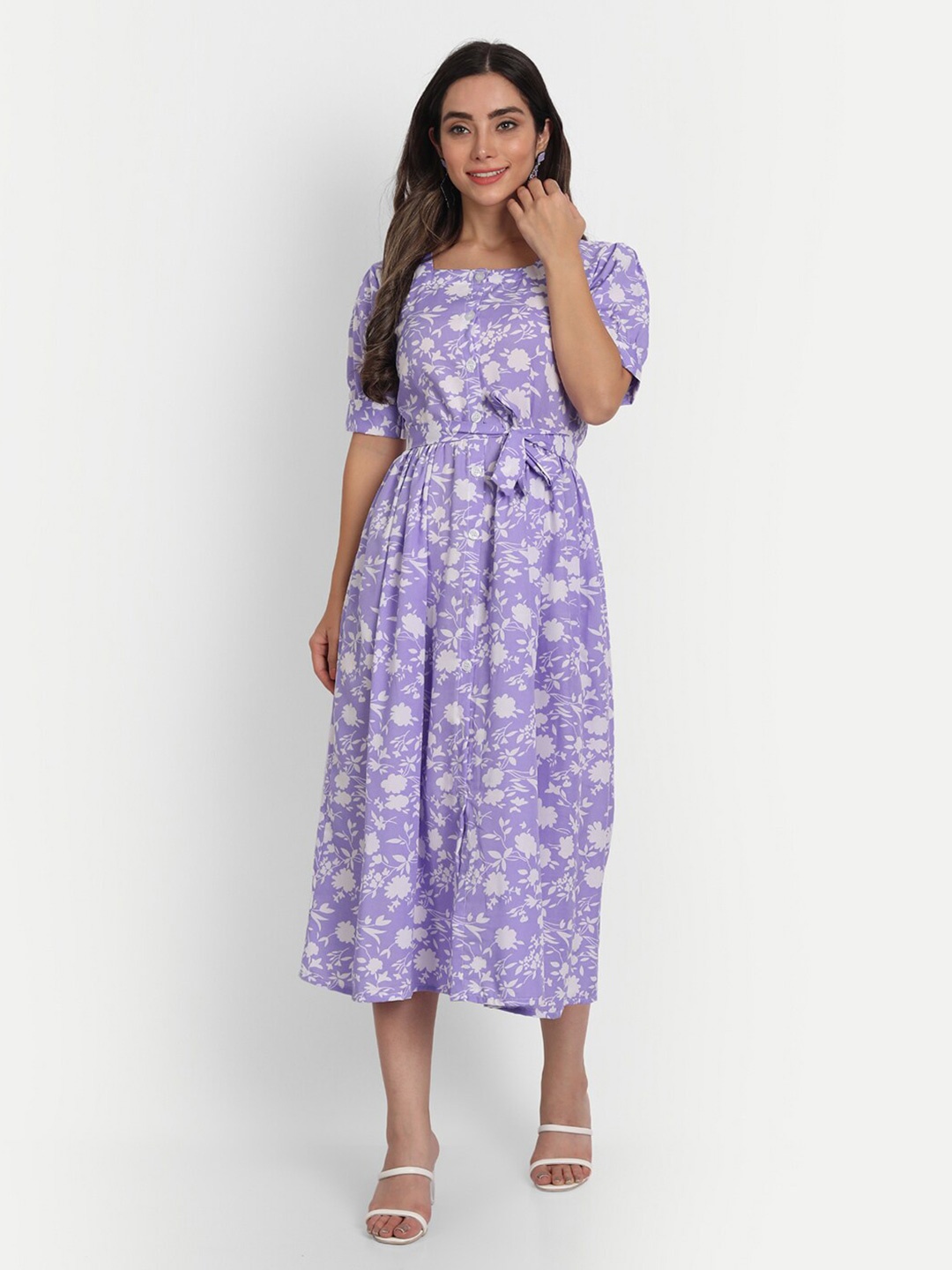 

GUFRINA Women Lavender & White Floral Printed Crepe A-Line Midi Dress