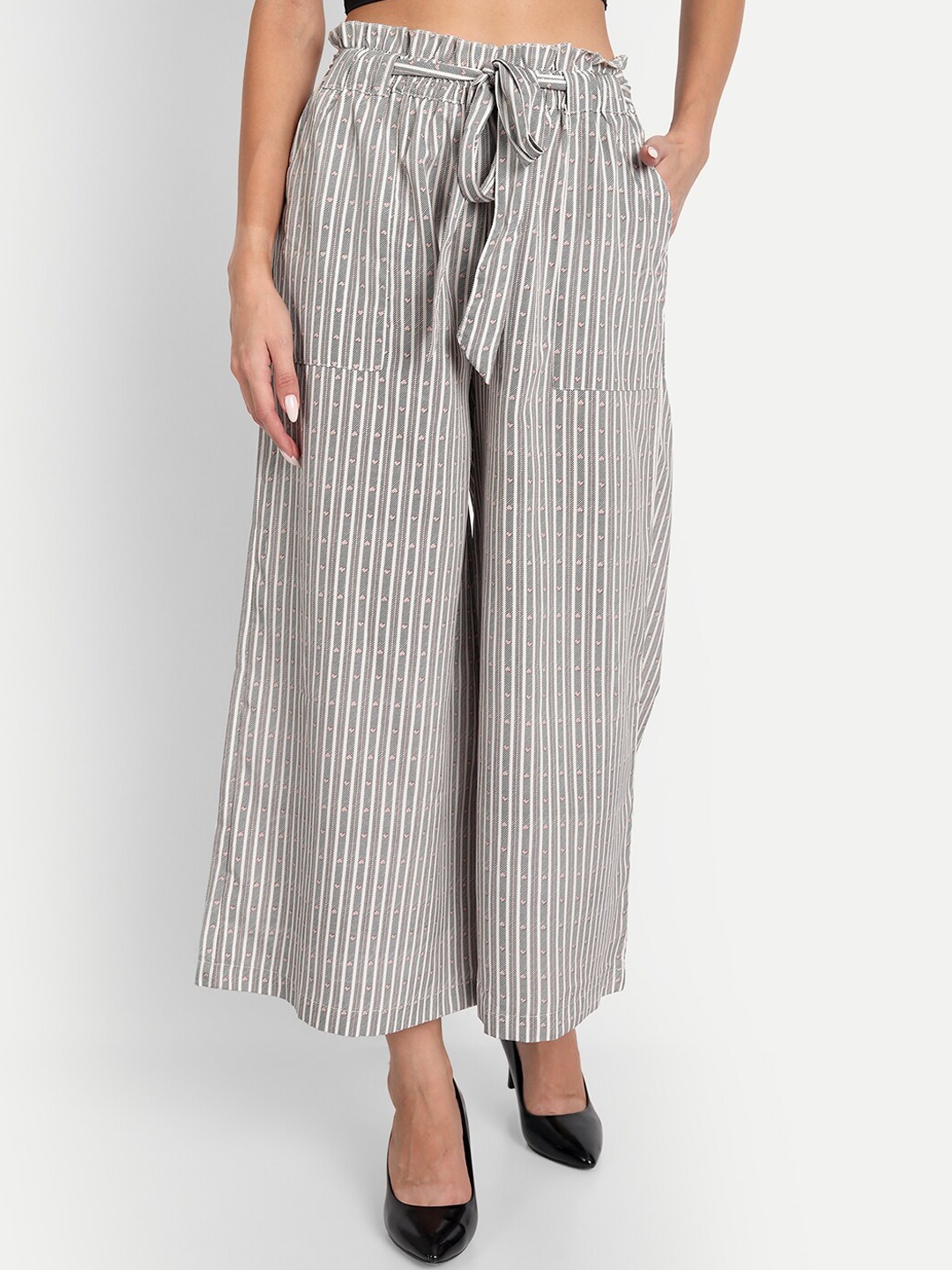 

D 'VESH Women White Striped Loose Fit Reversible Trousers, Grey