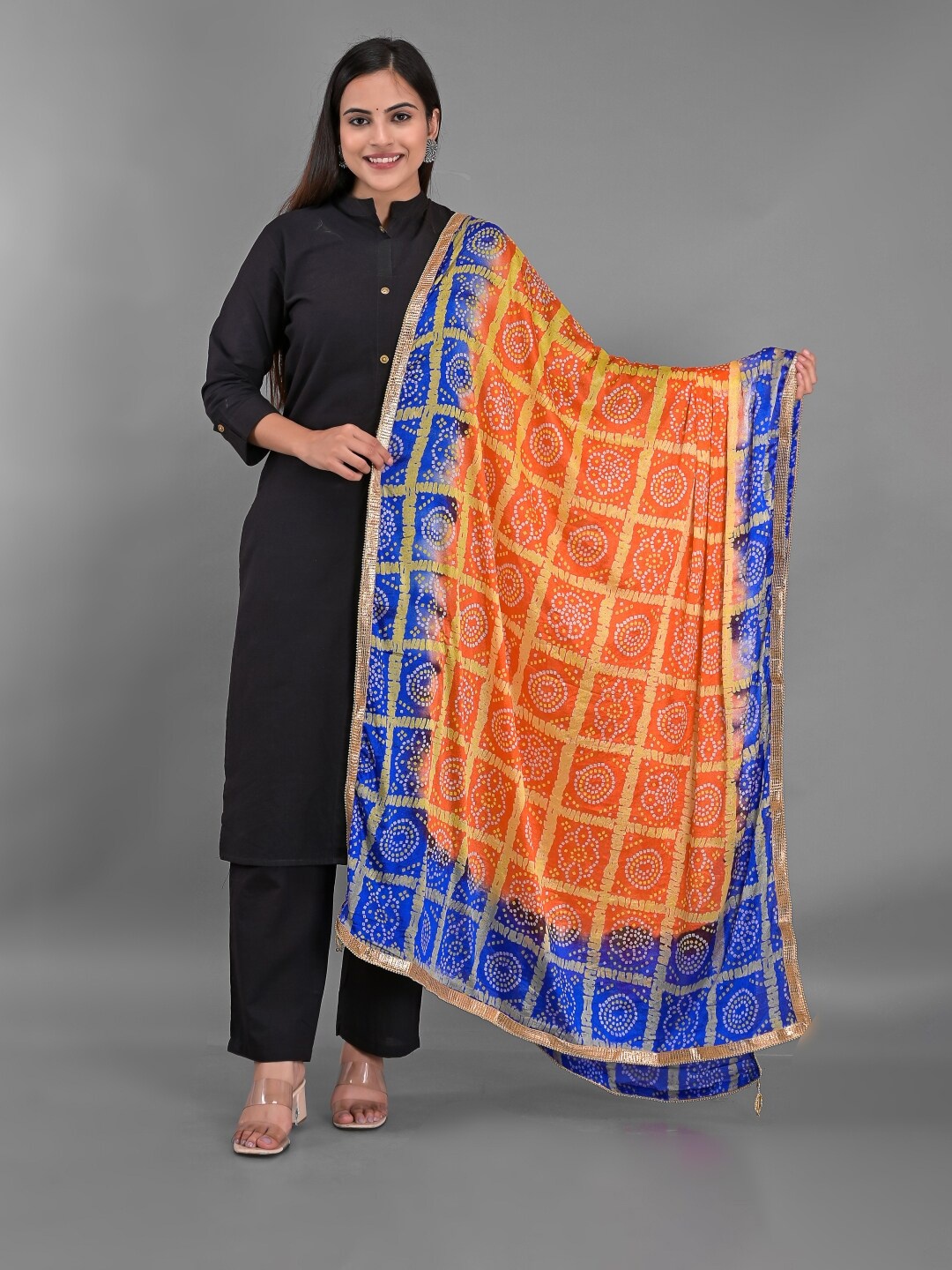 

Apratim Orange & Blue Printed Bandhani Dupatta