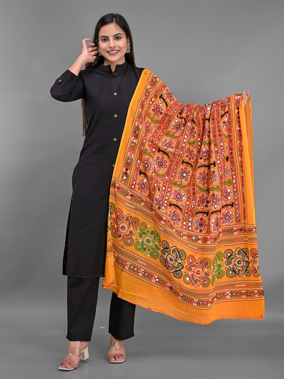 

Apratim Orange & Red Ethnic Motifs Mirror Work Embroidered Dupatta