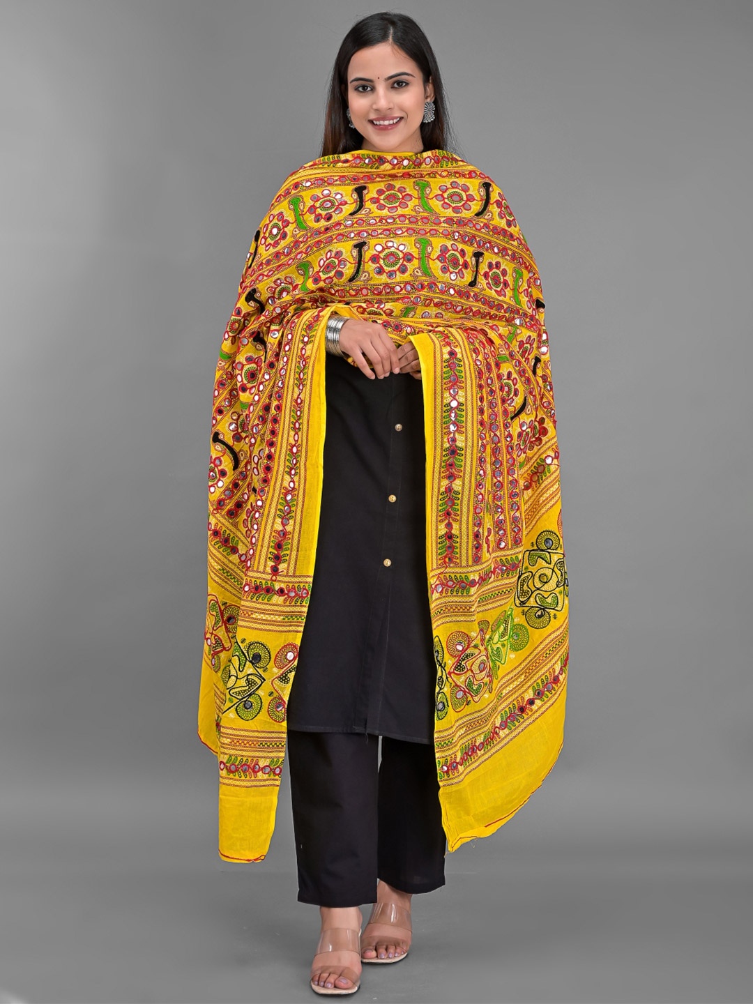 

Apratim Floral Printed Dupatta with Mirror Work, Yellow