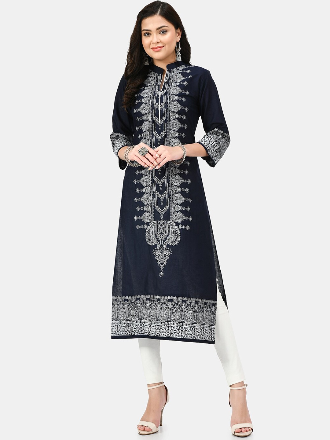 

RIYA Women Navy Blue Ethnic Motifs Printed Cotton Kurta