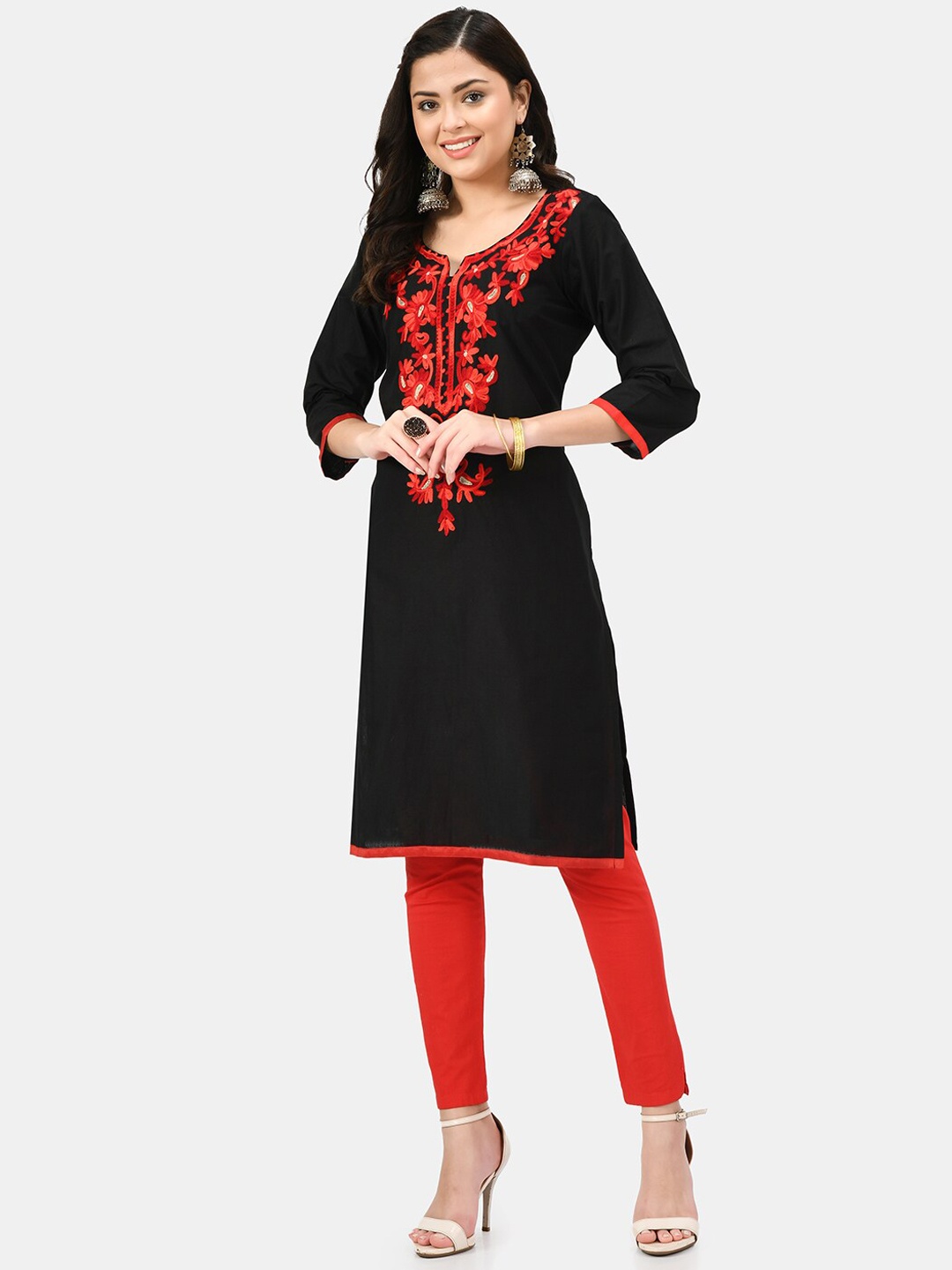 

RIYA Women Black And Red Embroidered Yoke Cotton Straight Kurta