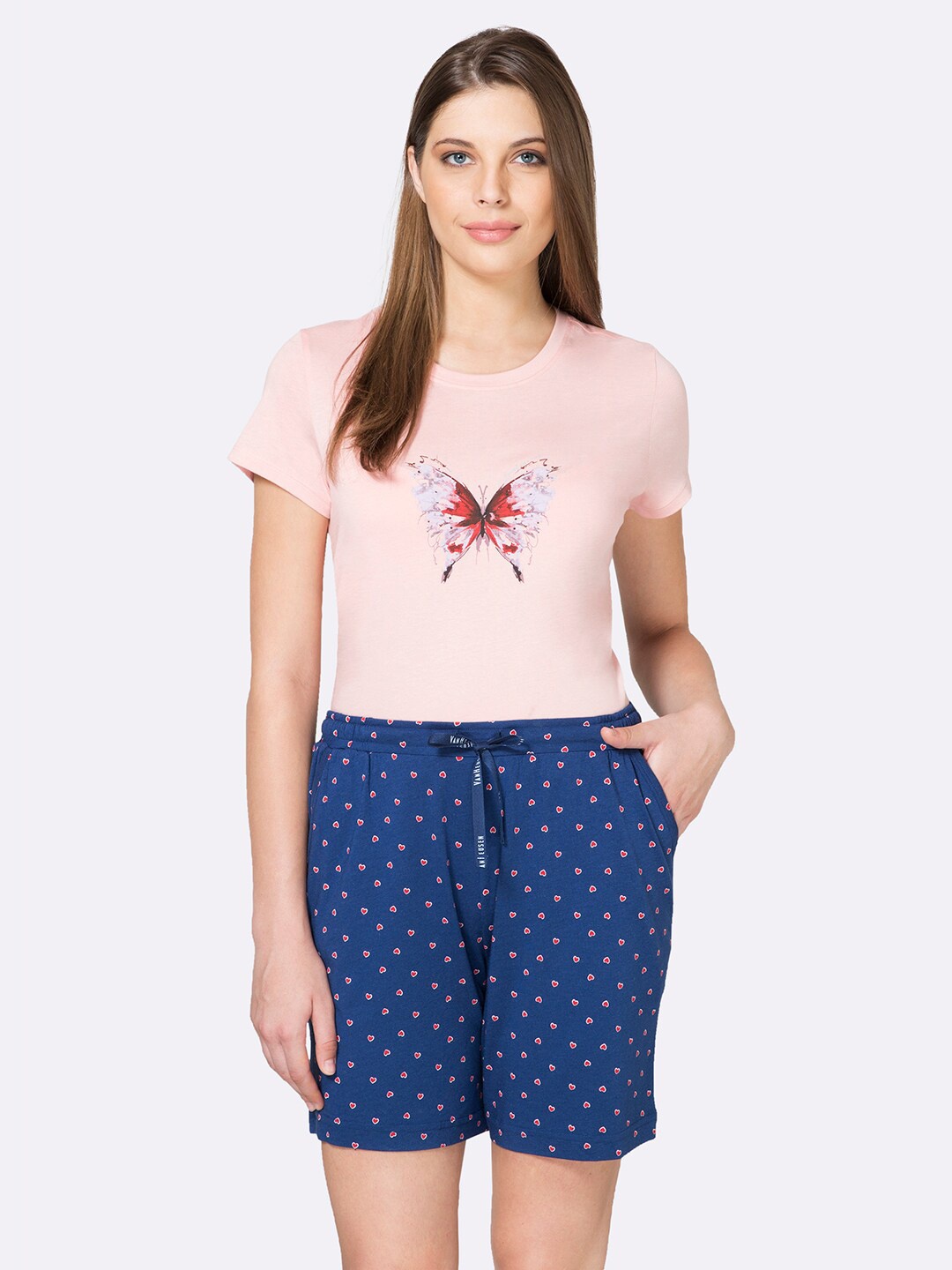 

Van Heusen Women Subdued Hearts Print Functional Pocket Superior Drape Lounge Shorts, Blue