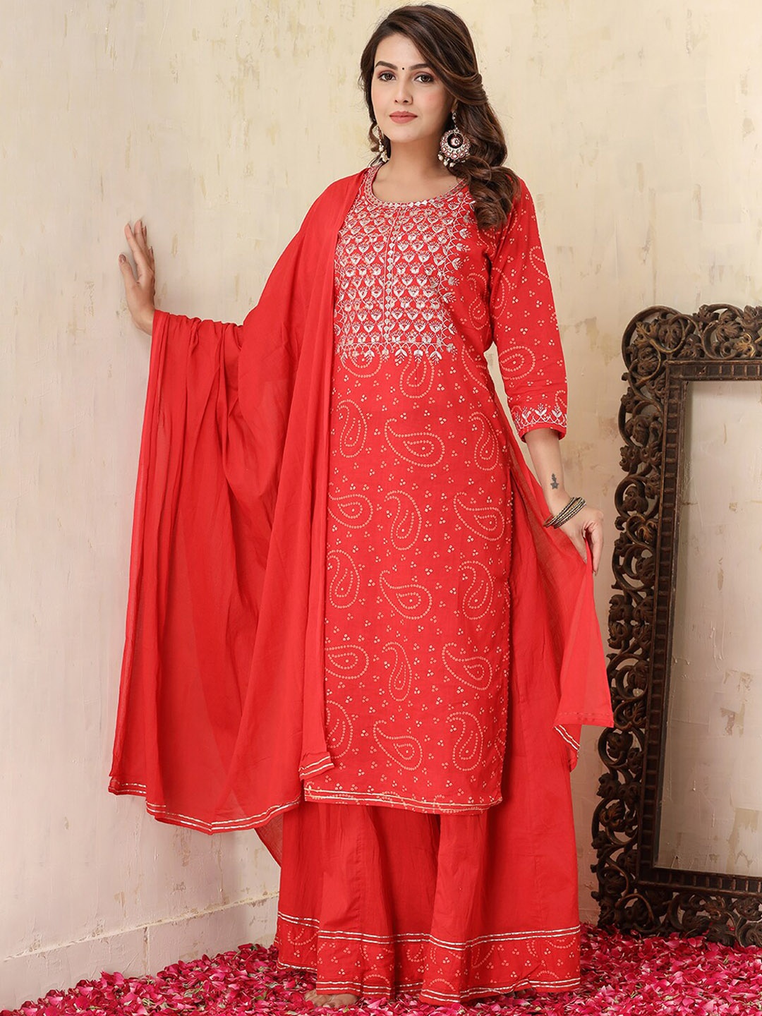 

KAAJH Women Red Embroidered Pure Cotton Kurta with Sharara & With Dupatta