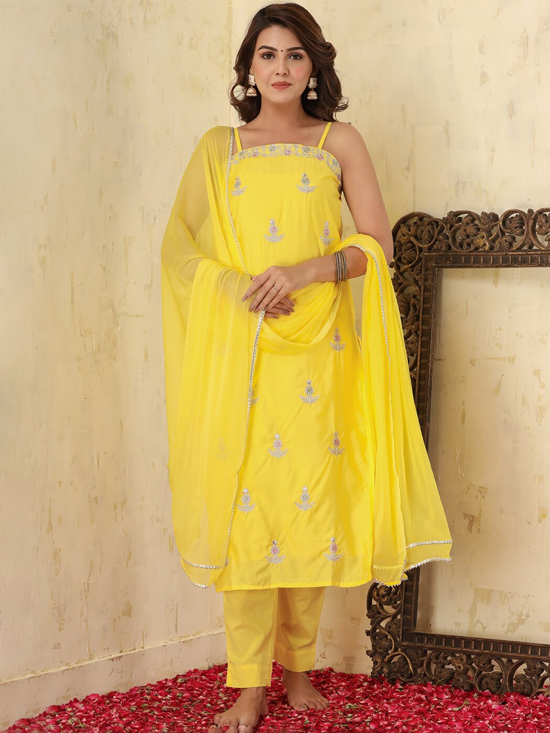 

KAAJH Women Yellow Embroidered Pure Silk Kurta with Trousers & With Dupatta