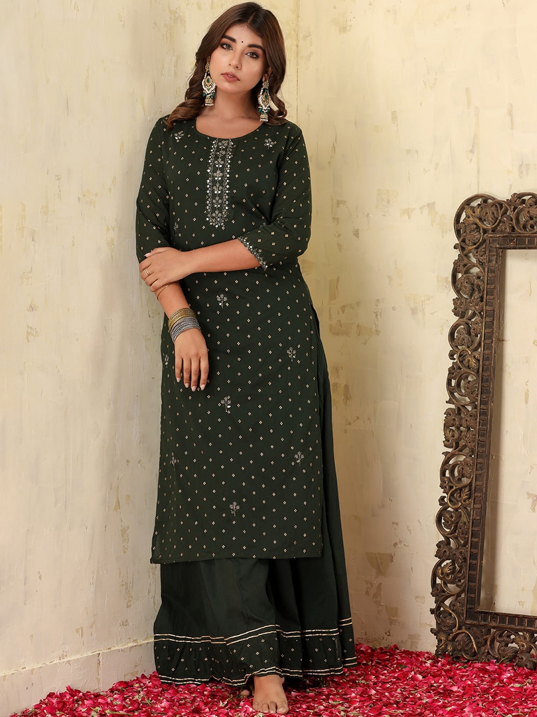 

KAAJH Women Olive Green Paisley Printed Mirror Work Pure Cotton Kurta with Sharara & With Dupatta