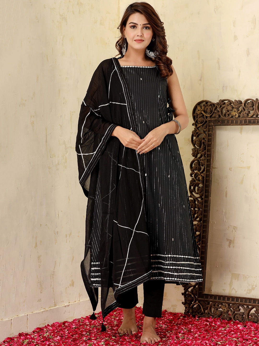 

KAAJH Women Black Embroidered Mirror Work Pure Cotton Kurta with Trousers & With Dupatta