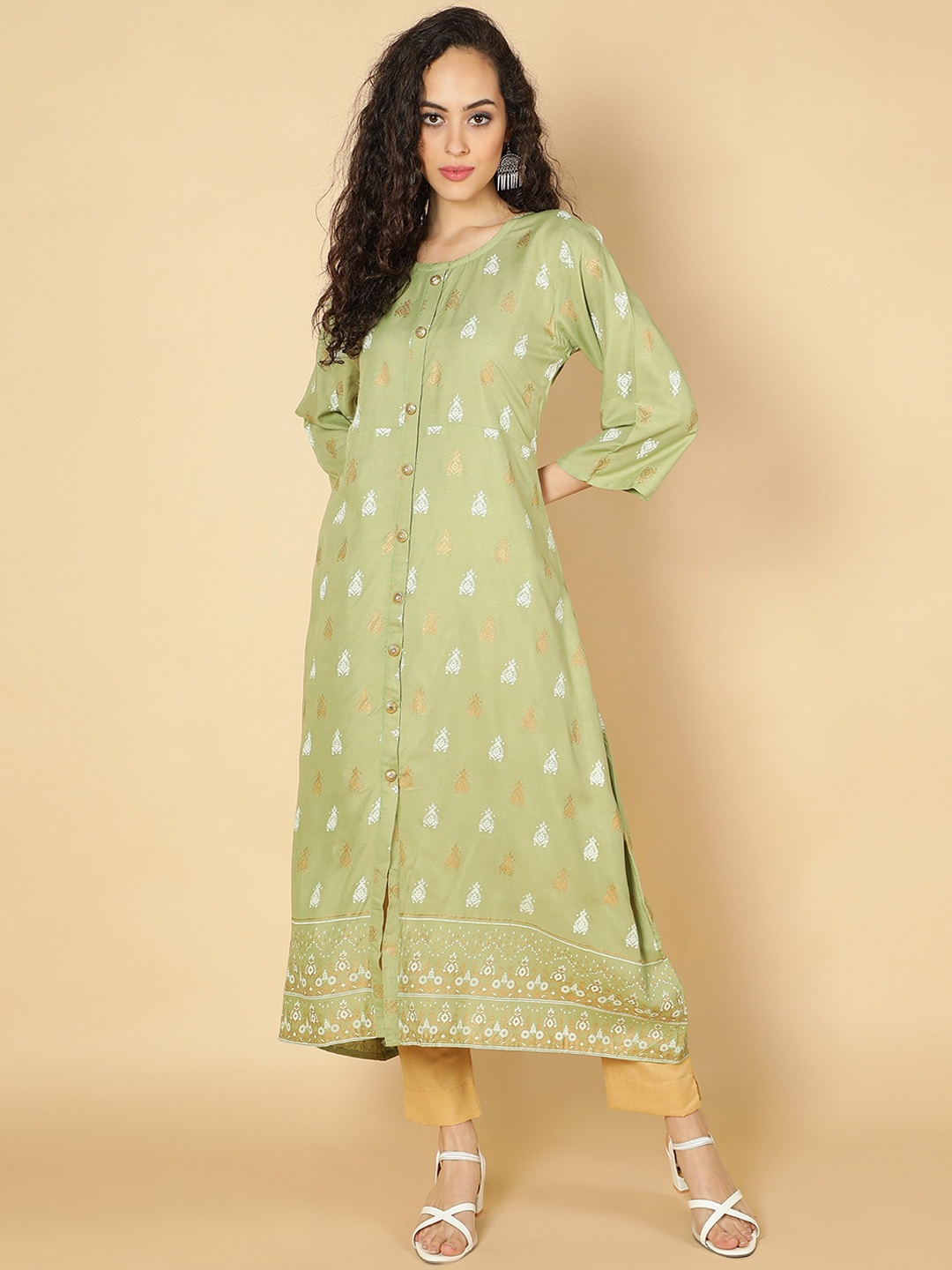 

Fabclub Women Lime Green Ethnic Motifs Printed A-Line Kurta