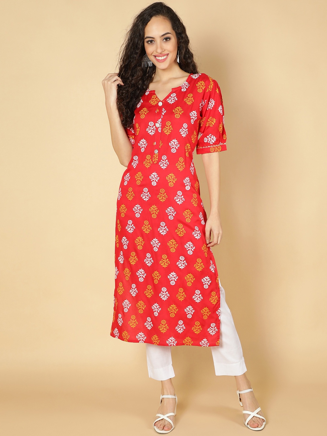 

Fabclub Women Red Floral Printed Rayon Kurta