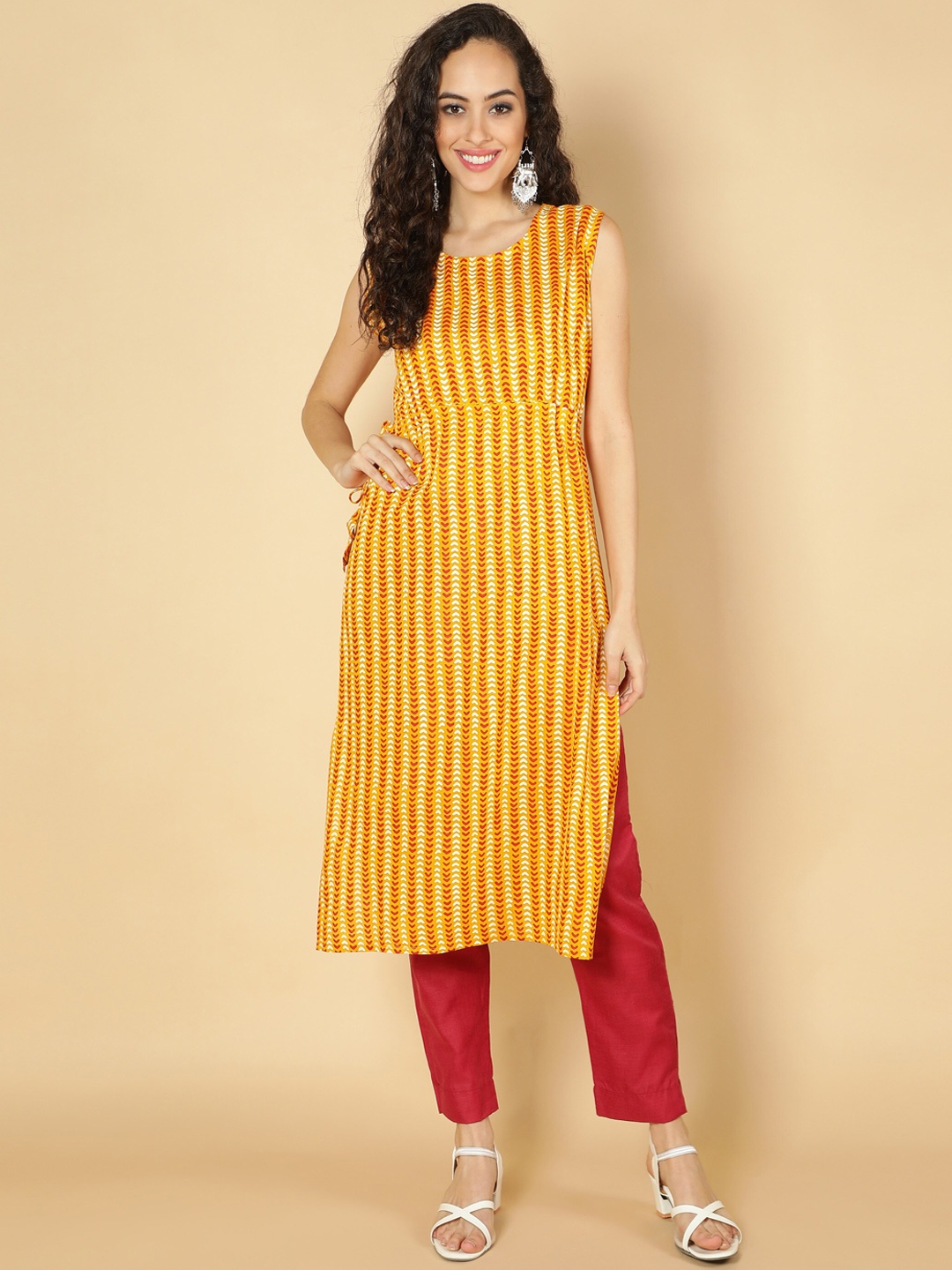 

Fabclub Women Mustard Yellow Striped Thread Work Kurta