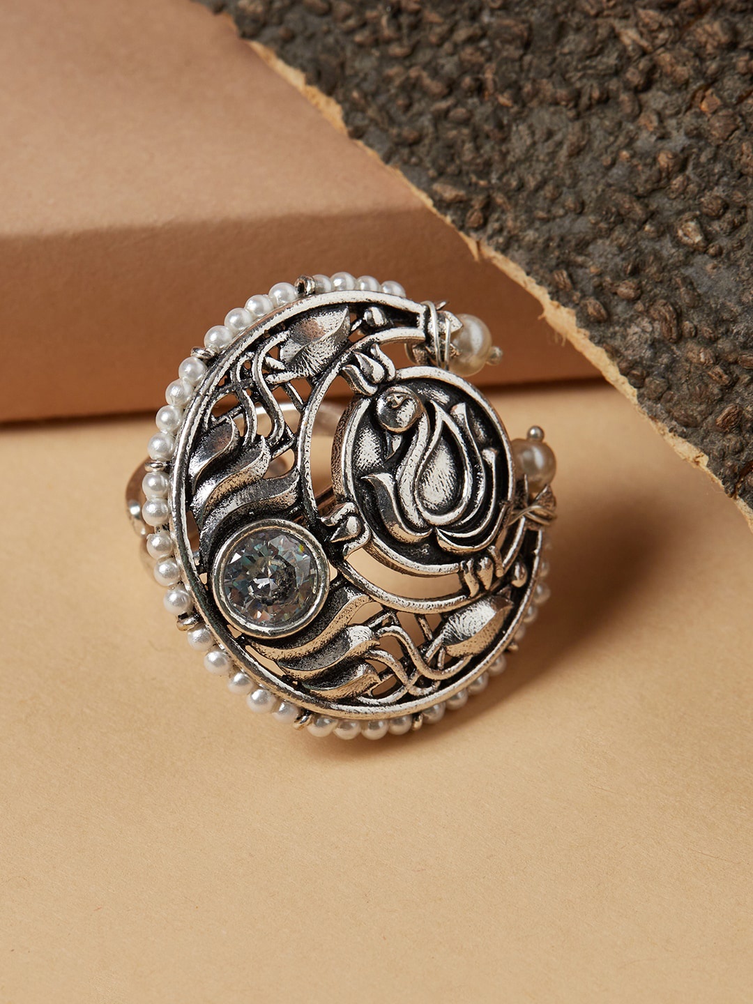 

Voylla Oxidised Silver-Plated White Stone Studded & Beaded Adjustable Finger Ring
