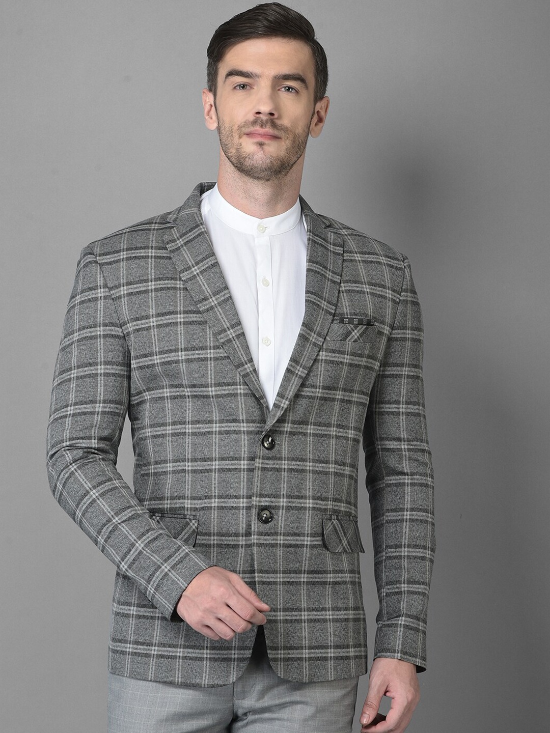 

Canary London Men Grey Checked Slim-Fit Single-Breasted Formal Blazers