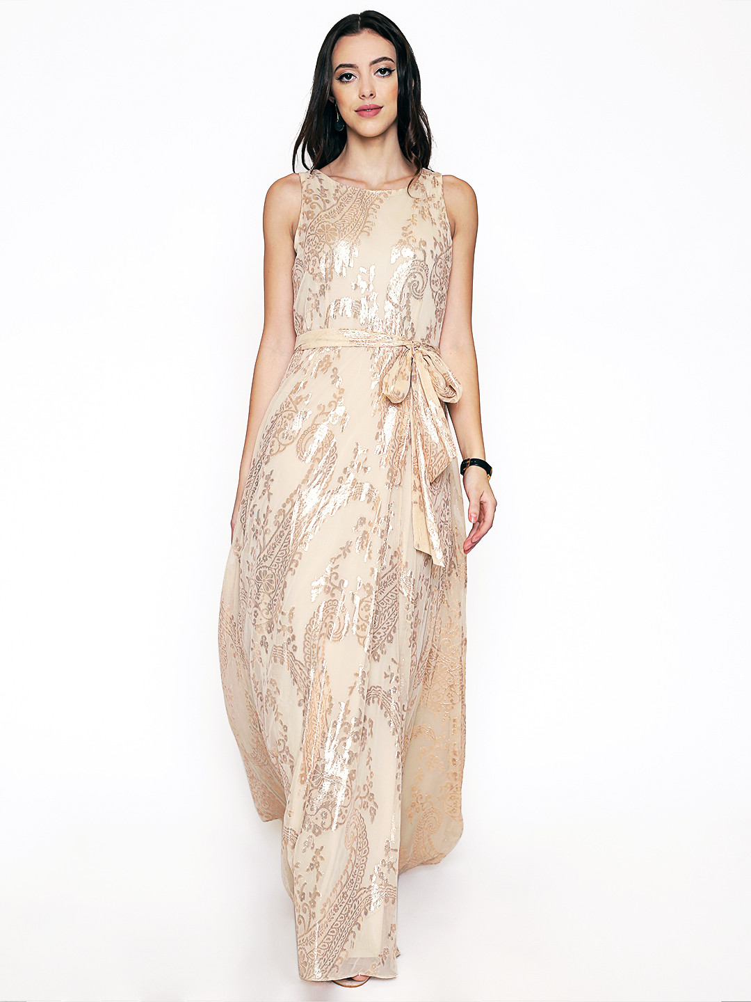 

250 DESIGNS Women Embellished Jacquard Maxi Dress, Beige