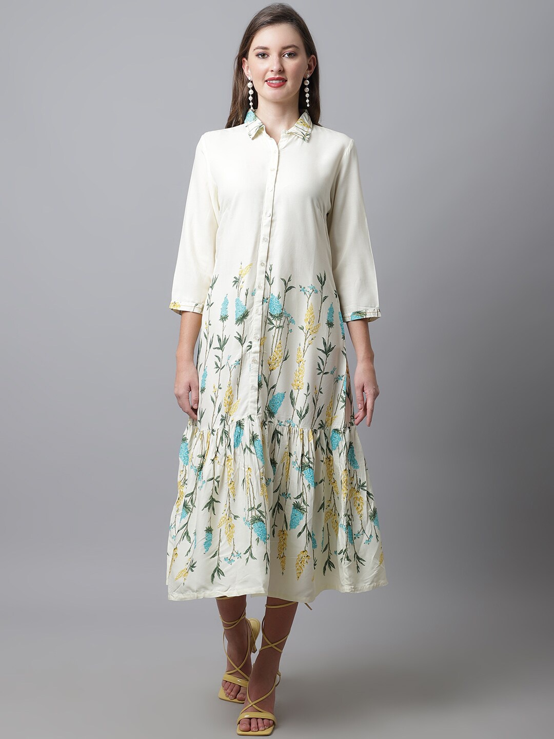 

Cantabil Off White Floral Printed Shirt Midi Dress