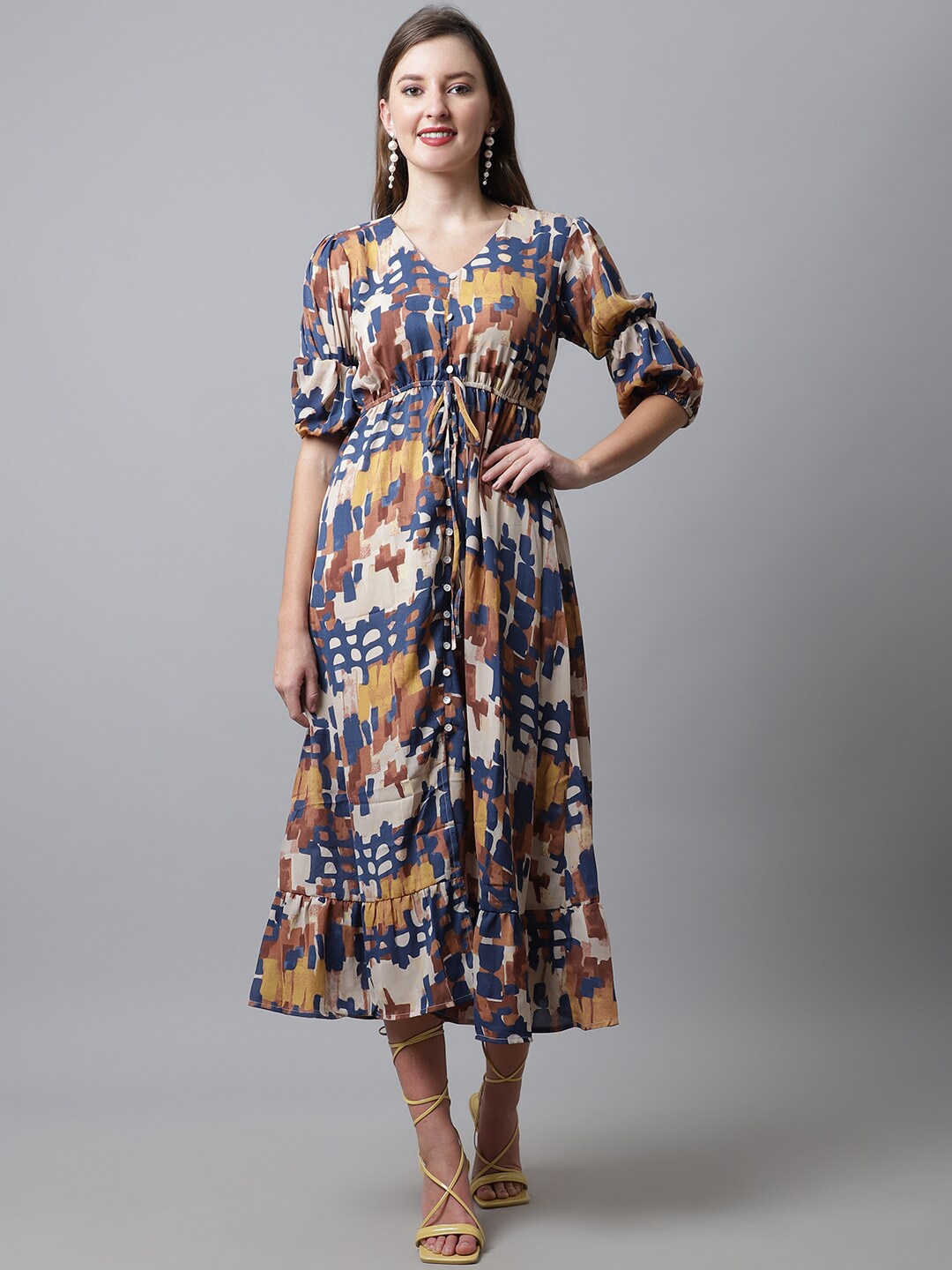 

Cantabil Mustard Yellow & Navy Blue Printed Georgette A-Line Midi Dress