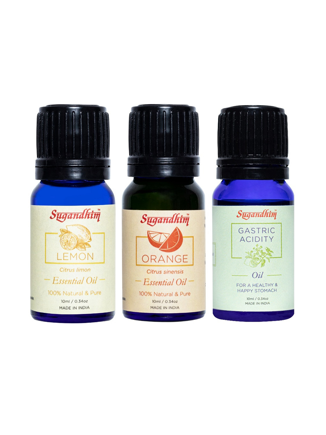 

Sugandhim Set Of 3 Gastric Acidity, Orange, Lemon Essential Oil, Blue
